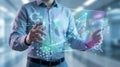 Man interacting with holographic interface displaying data analytics and growth charts hand screen Royalty Free Stock Photo