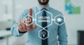A man interacting with a lifelong learning interface on a screen with icons and text visible Royalty Free Stock Photo