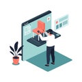 Man interacting with virtual chair design on digital interface flat isometric style vector illustration Royalty Free Stock Photo