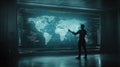 A man interacts with an advanced digital display featuring a world map and graphical data Royalty Free Stock Photo