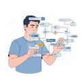 A man interacts with a digital interface, displaying a flowchart or network of Royalty Free Stock Photo