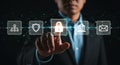 Data security and digital transformation concept with person touching virtual padlock screen Royalty Free Stock Photo