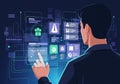 A man interacts with a digital interface, featuring various holographic icons and data displays. He Royalty Free Stock Photo