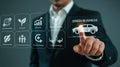 Man interacts with Green Business Digital Interface for Eco Friendly Transportation Solutions Royalty Free Stock Photo