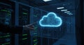 Data Center Cloud Computing: Man Interacting with Holographic Interface Royalty Free Stock Photo