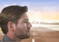 Man with interface overlay and city in background