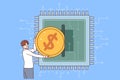 Man invests in development of microchips and semiconductors, by inserting coin into microprocessor