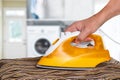 Man ironing clothes. The concept of the work division in a commonehold between man and woman in the modern family. Caring the home Royalty Free Stock Photo