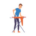 Man Ironing Clothes on Iron Board, Household Activity, Housekeeping, Everyday Duties and Chores Cartoon Vector