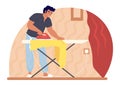 Man ironing clothes, vector illustration. Housework, household chores, housekeeping, everyday routine.
