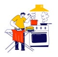 Man Ironing Clothing and Cooking at the same time. Busy Father, Household Male Character Housekeeping, Family Routine