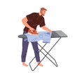 Man ironing t-shirt in board isolated character. Vector husband doing housework household chores