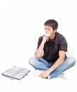 Man with isolated mouth and chained laptop