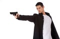 Man isolated on white aiming a hand gun Royalty Free Stock Photo