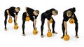 Man on isolated white background performing alternating bent-over rows with two yellow kettlebells Royalty Free Stock Photo