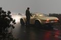 Man in jacket opening car door on wet road. 3d render Royalty Free Stock Photo