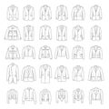 Man jackets. Outerwear clothes fashioned hood long sleeves with pockets recent vector jackets in linear style for