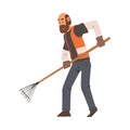 Man Janitor Cleaning with Rake, Male Professional Cleaning Staff Character Wearing Orange Vest with Equipment Vector