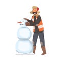 Man Janitor Making Snowman, Male Professional Cleaning Staff Character, Cleaning Company Service Vector Illustration