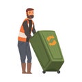 Man Janitor Pushing Garbage Bin Recycling Container, Male Professional Cleaning Staff Character Wearing Orange Vest