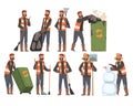 Man Janitor Sweeping and Gathering Garbage Set, Male Professional Cleaning Staff Character Wearing Orange Vests