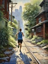 Man on daily jog through city scenery