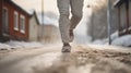 Man jogging along the slippery city street on a winter day. Male legs in gray pants, wearing sneakers. Slushy road. Generative AI