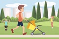 Man jogging with baby carriage at park cartoon