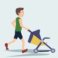 Man jogging with baby carriage vector cartoon