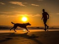 A man is jogging by the beach while being accompanied by his beloved dog.