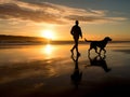 A man is jogging by the beach while being accompanied by his beloved dog.