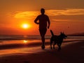 A man is jogging by the beach while being accompanied by his beloved dog.