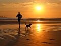 A man is jogging by the beach while being accompanied by his beloved dog. Royalty Free Stock Photo