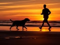 A man is jogging by the beach while being accompanied by his beloved dog.