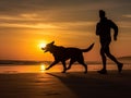 A man is jogging by the beach while being accompanied by his beloved dog.