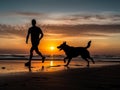 A man is jogging by the beach while being accompanied by his beloved dog.