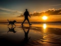 A man is jogging by the beach while being accompanied by his beloved dog.