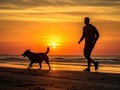 A man is jogging by the beach while being accompanied by his beloved dog.