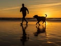 A man is jogging by the beach while being accompanied by his beloved dog.