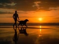 A man is jogging by the beach while being accompanied by his beloved dog.