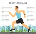 Man jogging outdoors. Benefits of running infographic concept with sport fitness icons. Vector illustration Royalty Free Stock Photo