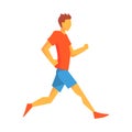 Man Jogging In Slow Pace, Male Sportsman Running The Track In Red Top And Blue Short In Racing Competition Illustration