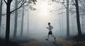 A man jogs along a leaf-strewn path in a misty forest. Tall, leafless trees with sparse brown Royalty Free Stock Photo