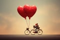 A man joyfully rides a bike, adorned with two heart-shaped balloons attached to the back, Bicycle built for two with a heart-