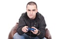 Man with a joystick for game console