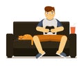 Man with joystick gamepad playing video game on white
