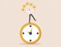 Man juggling coins while standing on clock