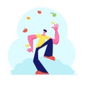 Man Juggling with Different Fruits and Vegetables. Juggler Male Character Throwing Up Healthy Vegetarian Products, Vitamins