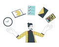 Man juggling items flat line concept vector spot illustration