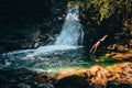 Man jump cliff jump into clean water in wild waterfall hidden in green summer nature - paradise scenery